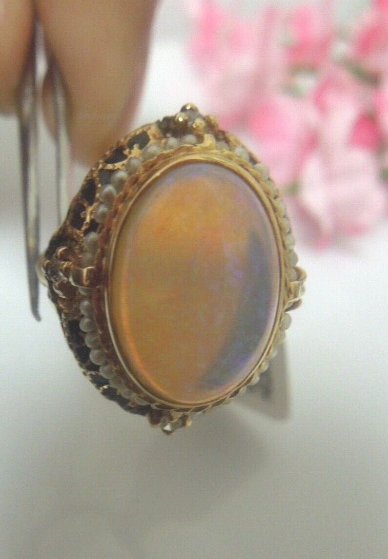 r798 Antique Victorian 14k Yellow Gold Opal & Seed Pearl Halo Filigree Ring Size 3.25(USA) Child Ring Signed 8g