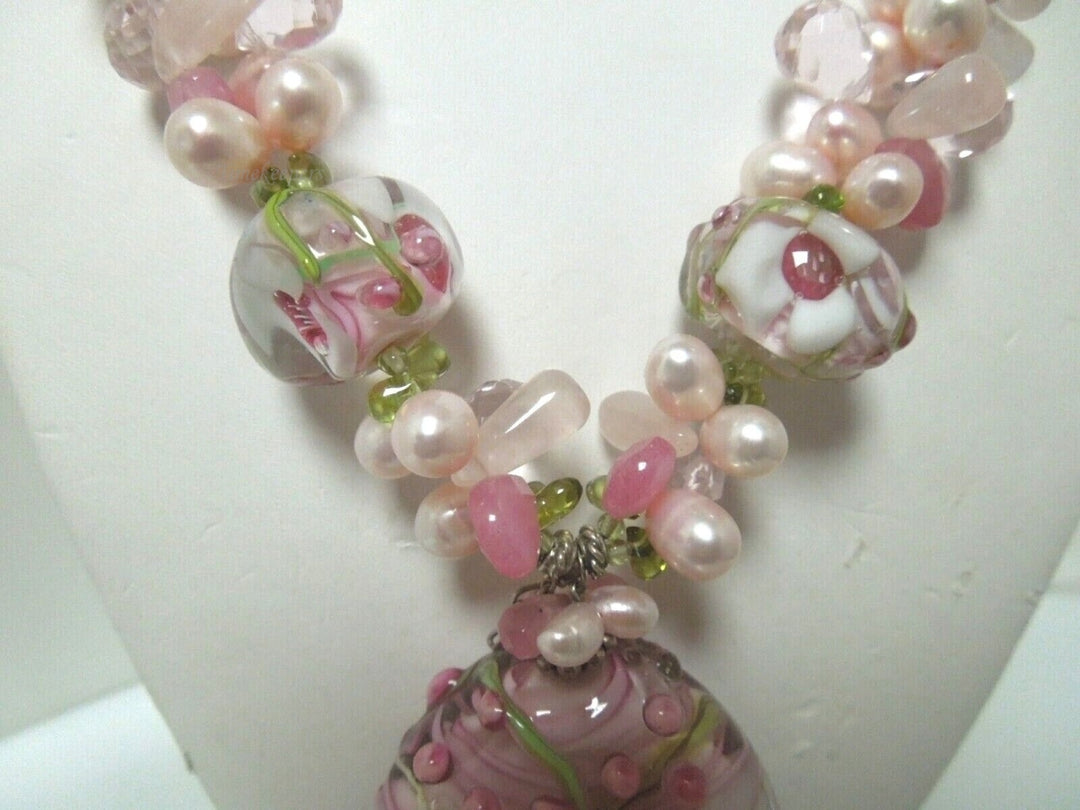 s030 Vintage Satin Baby Pink pearls hand Venetian Glass Pendant Beads Necklace with Sterling silver Clasp  