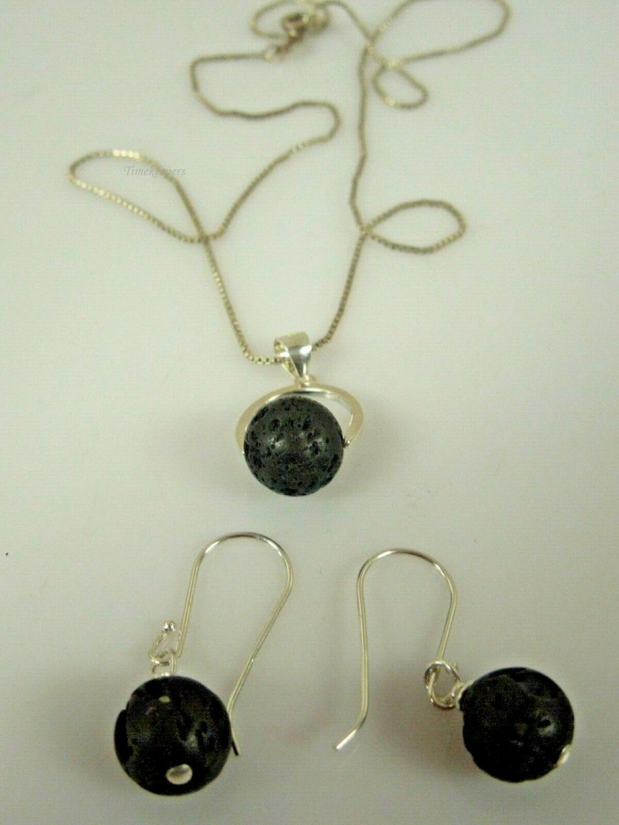 q781 Unique Black Lava Volcano Rock Sterling Silver Statement Necklace and Earrings Jewelry Set