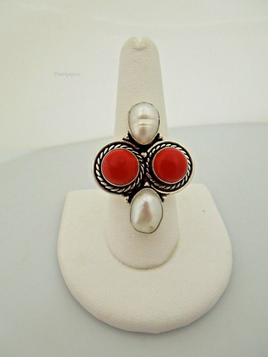 r624 Sterling Silver 925 Red Stones and Pearl Ring Size 9-1/2 Signed