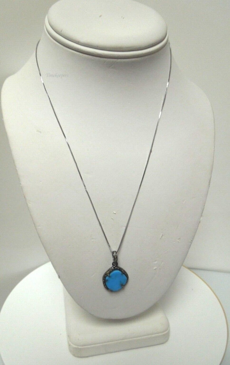 r998 Elegant Sterling Silver Turquoise Diamond Pendant Necklace 20" Beautiful