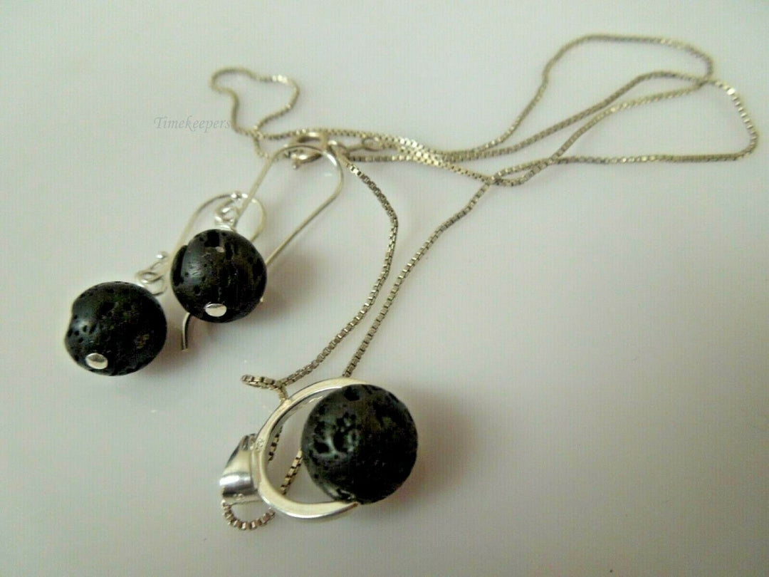 q781 Unique Black Lava Volcano Rock Sterling Silver Statement Necklace and Earrings Jewelry Set