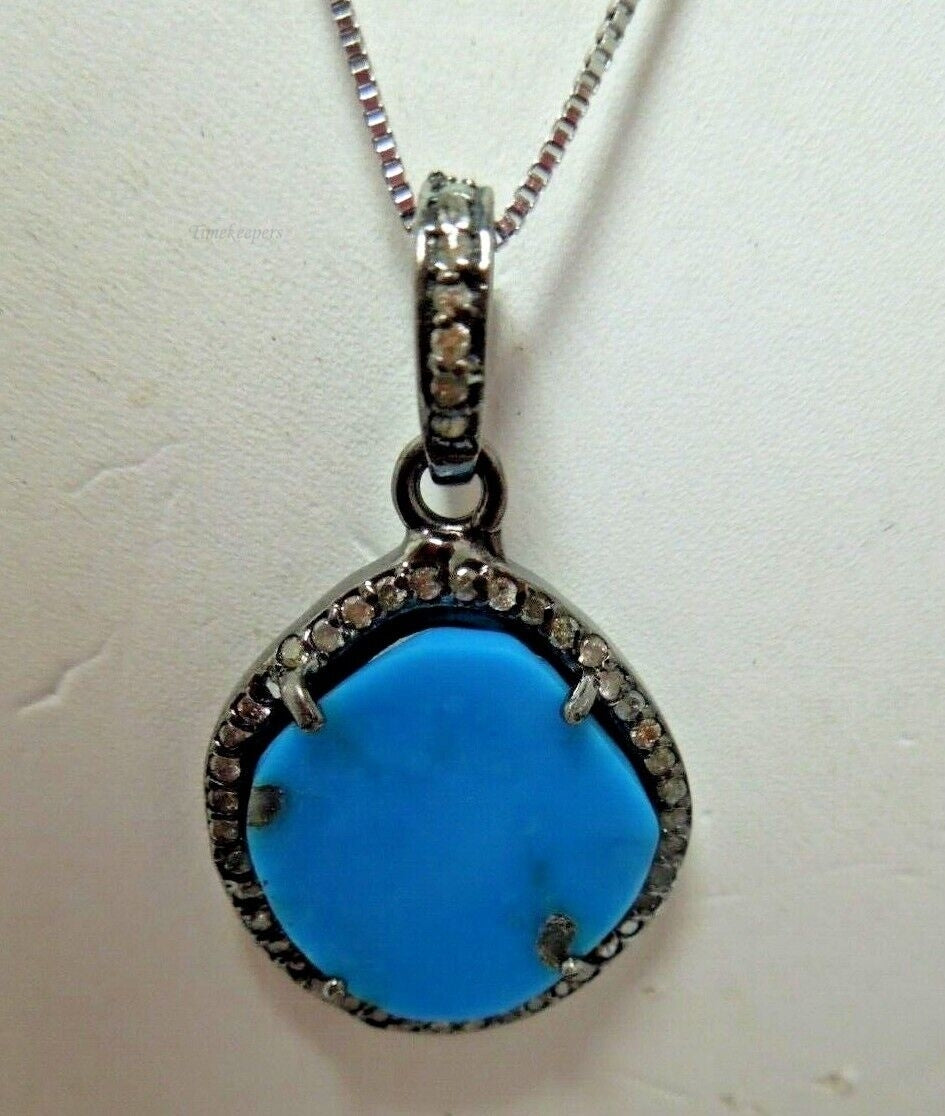 r998 Elegant Sterling Silver Turquoise Diamond Pendant Necklace 20" Beautiful