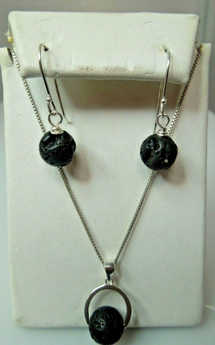 q781 Unique Black Lava Volcano Rock Sterling Silver Statement Necklace and Earrings Jewelry Set