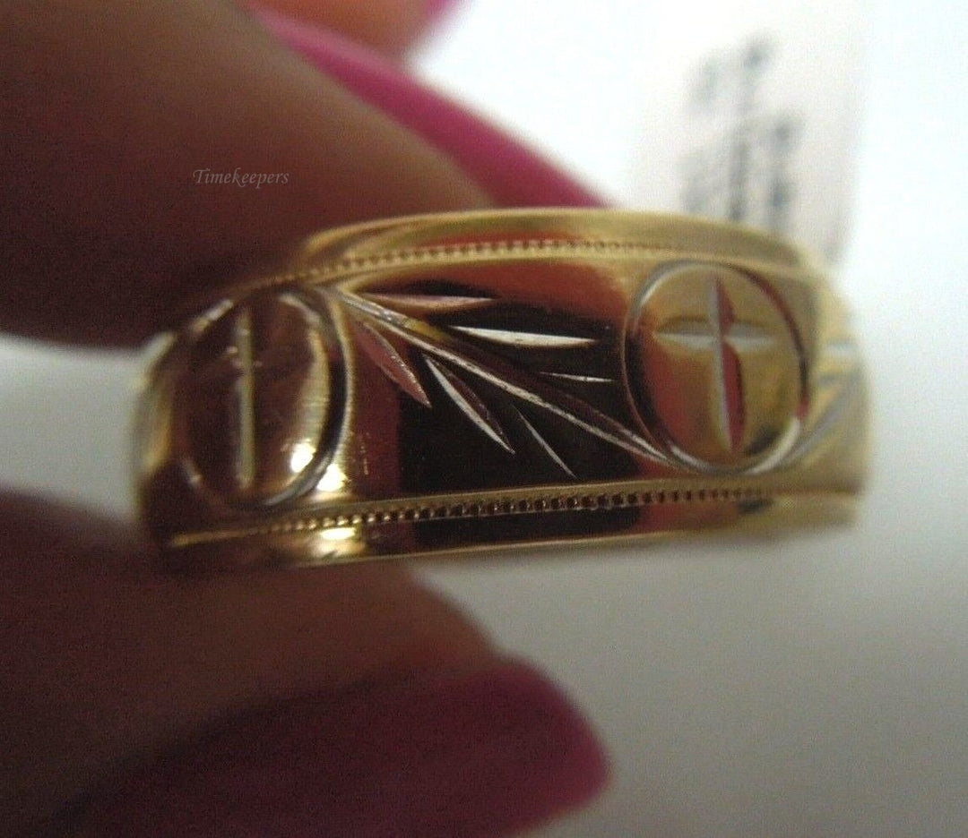 s058 Men's Christian Leaf and Cross Wedding Band 14k Yellow Gold 