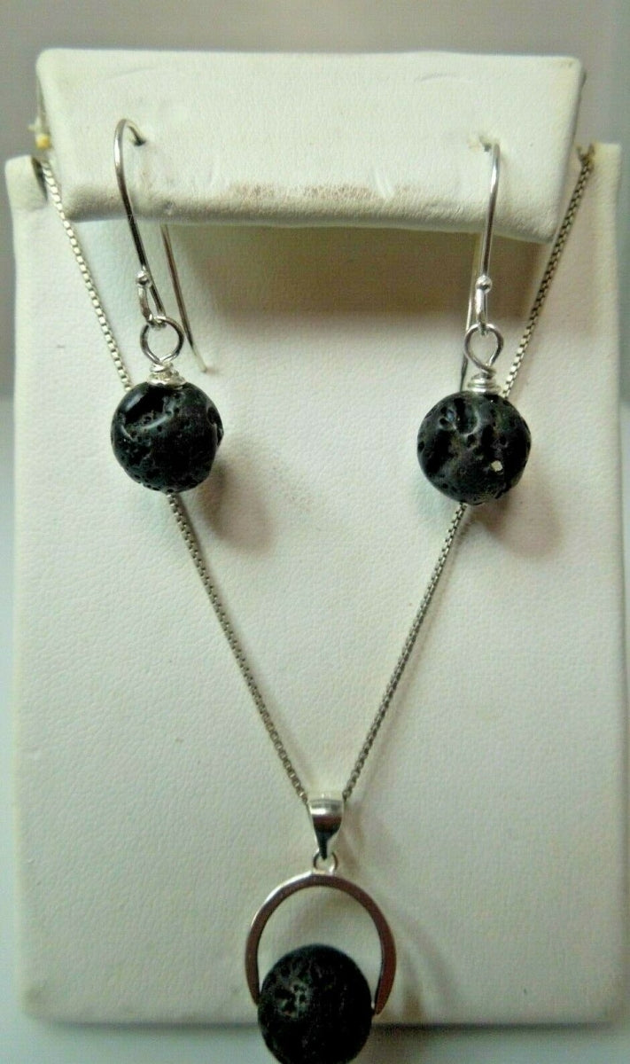 q781 Unique Black Lava Volcano Rock Sterling Silver Statement Necklace and Earrings Jewelry Set