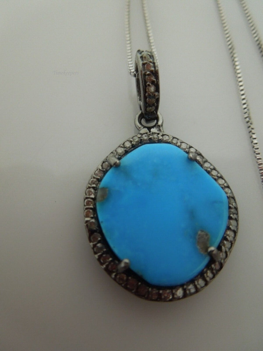 r998 Elegant Sterling Silver Turquoise Diamond Pendant Necklace 20" Beautiful