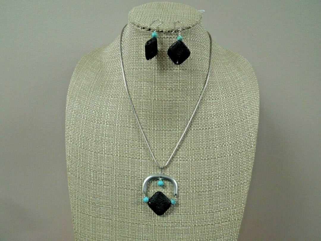 q782 Unique Sterling Silver Necklace with Lava Rock Pendant and Dangle Earrings Stamped