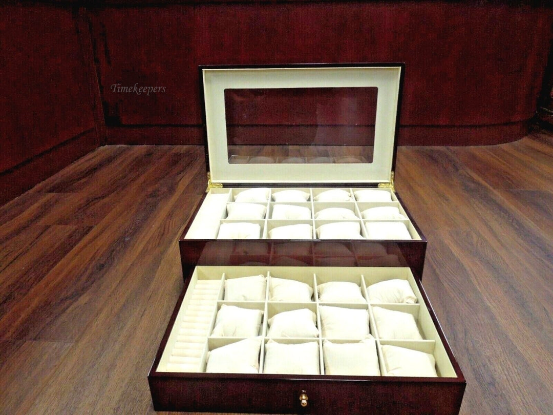 r345 Red Luxury Wooden Watch Box for 24 Watches/Bracelets, Rings W/ Hand Made Pillows