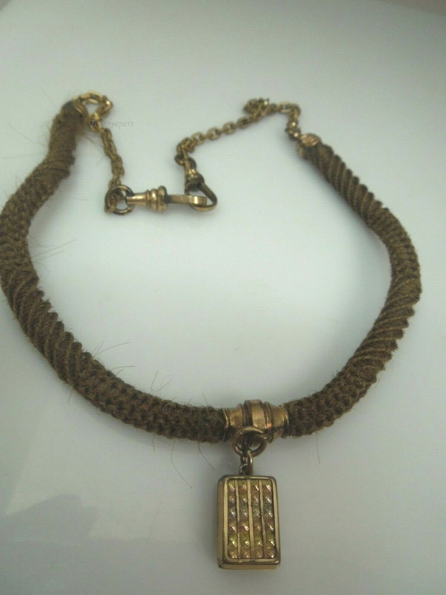 q814 Victorian Era Woven Hair Chain Necklace with Gold Filled Pendant and Clasp