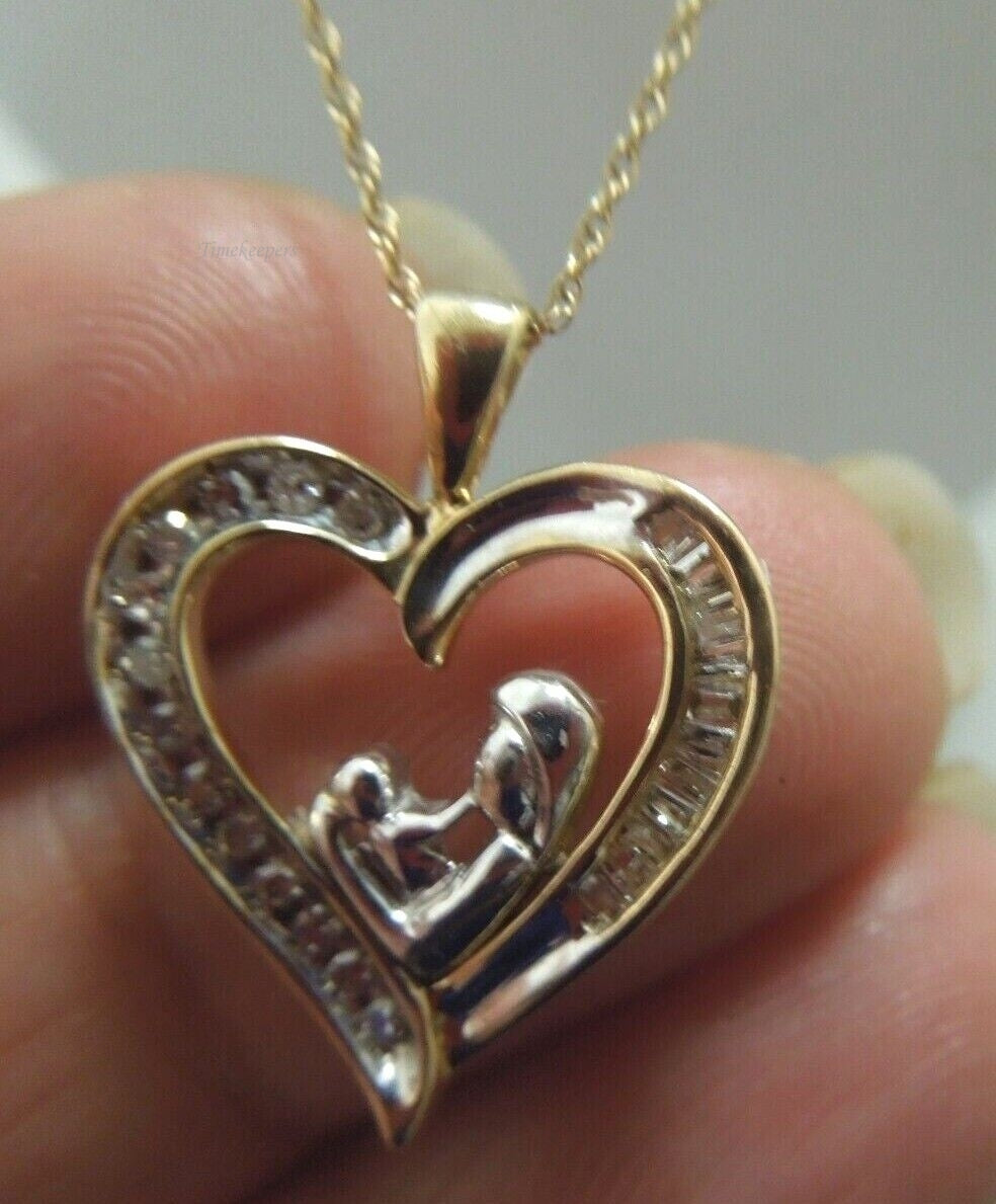 r521 10kt White Yellow Gold Mother and Baby Heart Pendant Chain Necklace Signed 20"