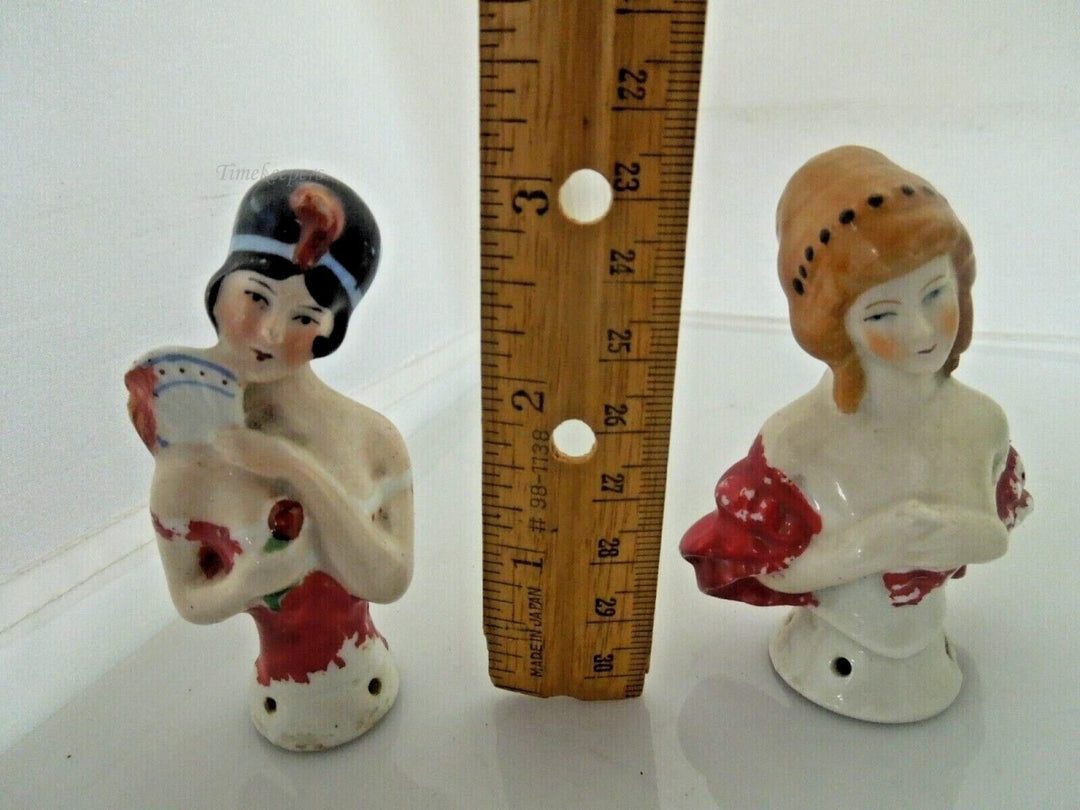 r559 Lot of 2 Half Doll White and Red Lady Woman Pin Cushion Porcelain Ceramic Vtg Old Germany