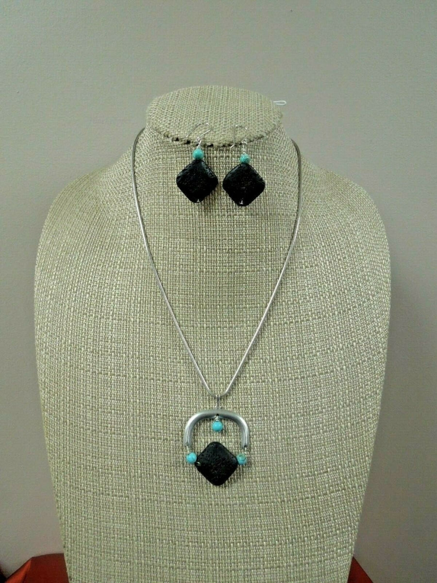 q782 Unique Sterling Silver Necklace with Lava Rock Pendant and Dangle Earrings Stamped