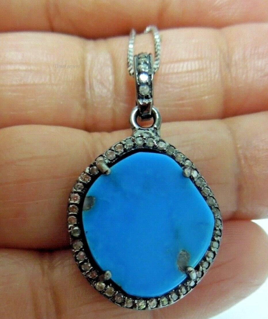 r998 Elegant Sterling Silver Turquoise Diamond Pendant Necklace 20" Beautiful