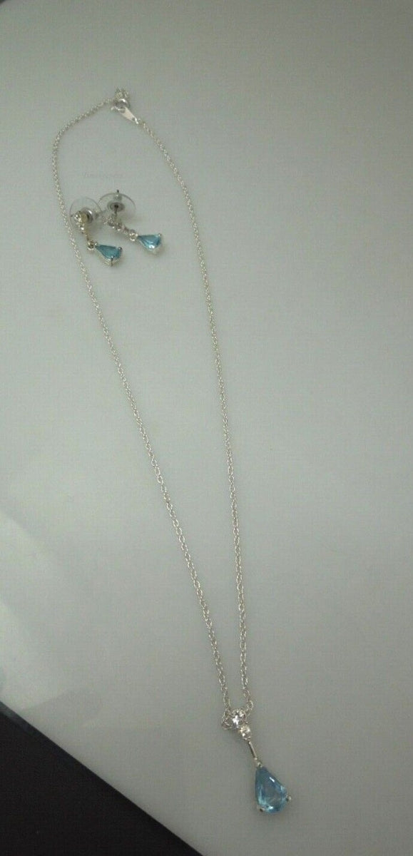 r360 Silver-tone Blue Topaz Pendant Wave Chain and matching Earrings Set