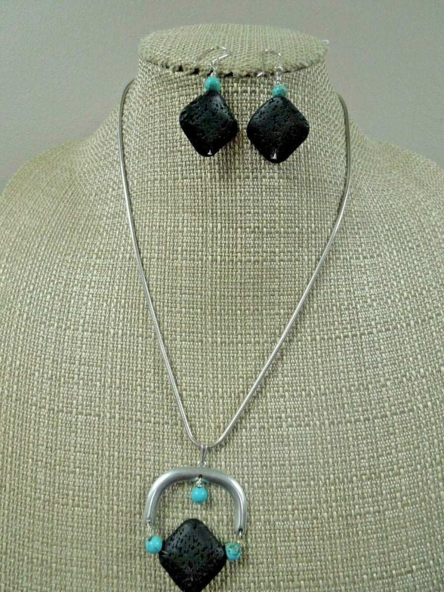 q782 Unique Sterling Silver Necklace with Lava Rock Pendant and Dangle Earrings Stamped