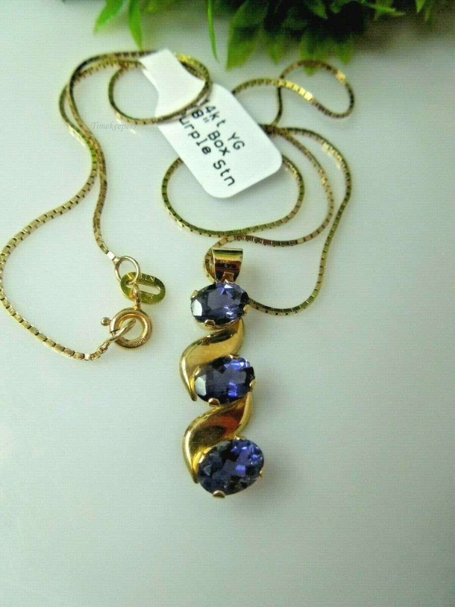 q652 14kt Yellow Gold 18" Box Chain 3 Purple Stone Pendant Necklace Chain