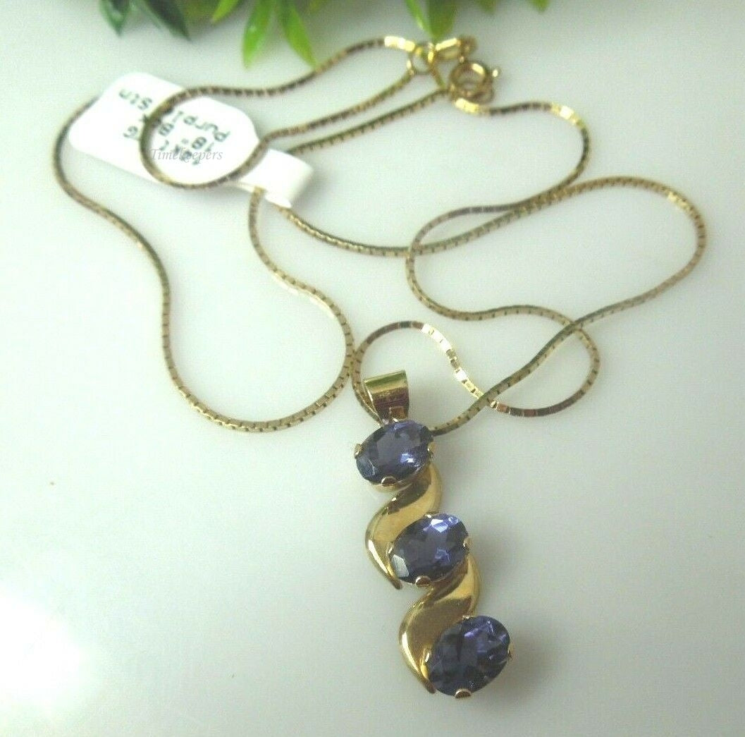 q652 14kt Yellow Gold 18" Box Chain 3 Purple Stone Pendant Necklace Chain