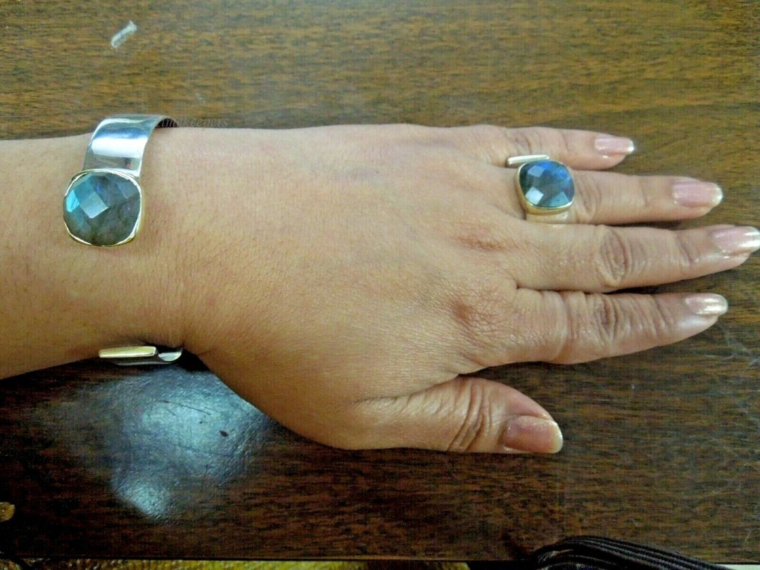 r409 Sterling Silver 925 with Natural Stone Cuff Bracelet and Sterling Silver Cuff Ring with Natural Stone Made In Indian Stamped