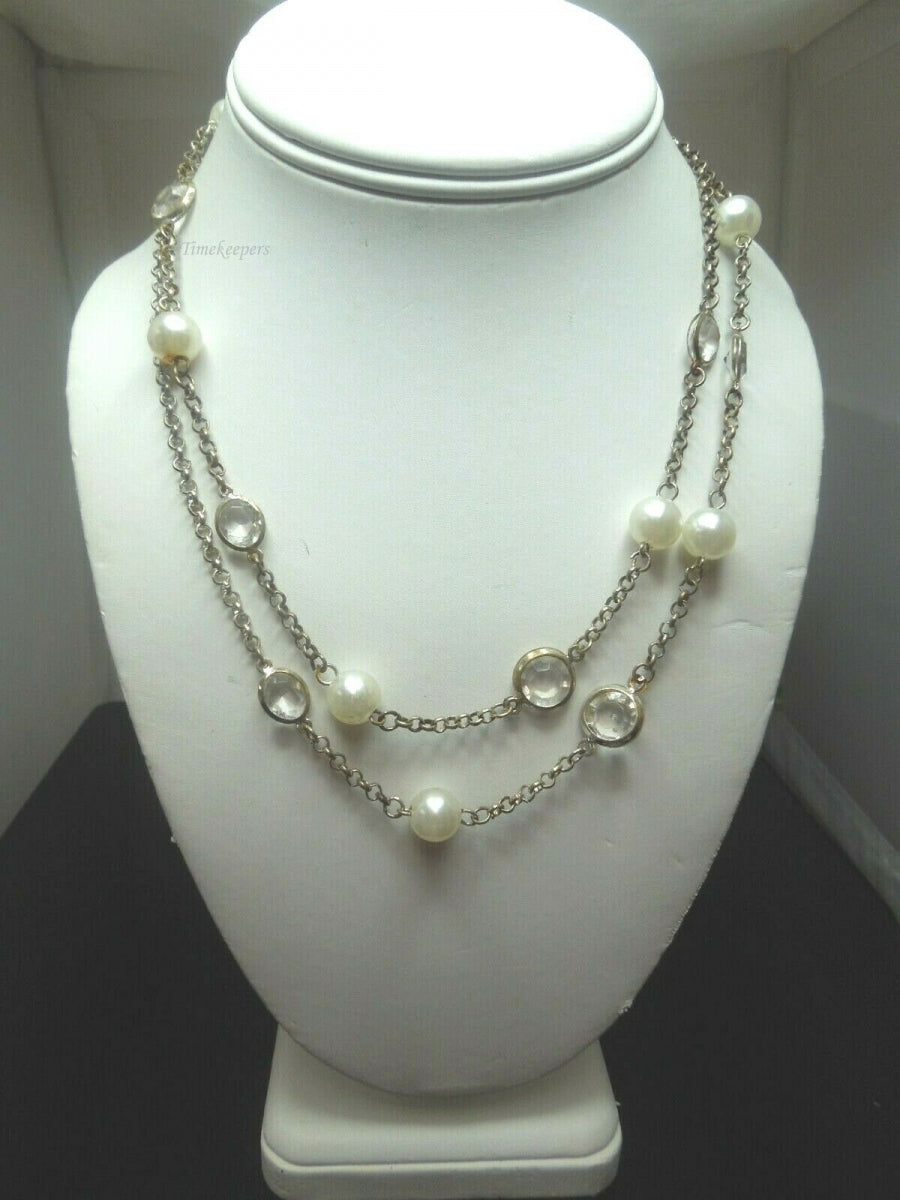 q485 Beautiful Silver Tone Pearl and Clear Stone Link Chain Necklace