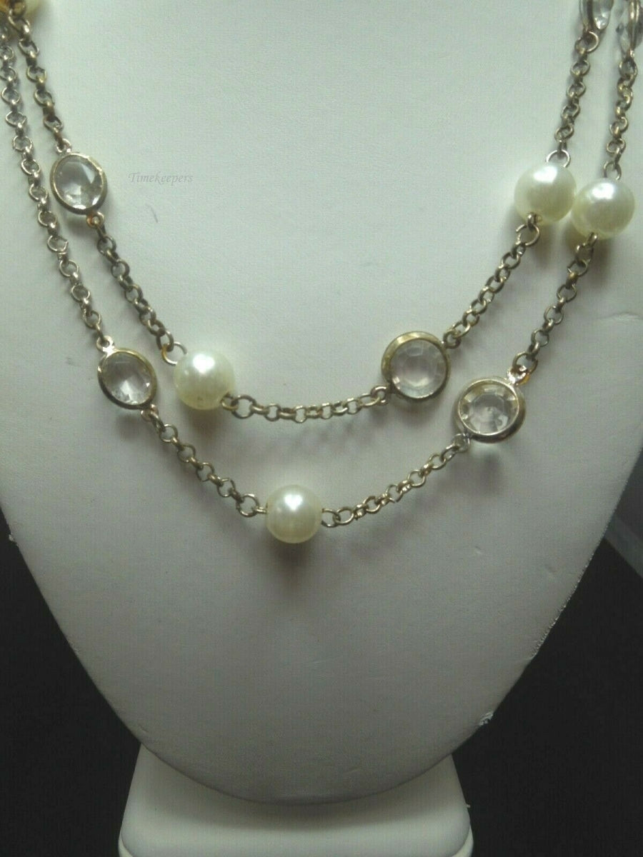 q485 Beautiful Silver Tone Pearl and Clear Stone Link Chain Necklace