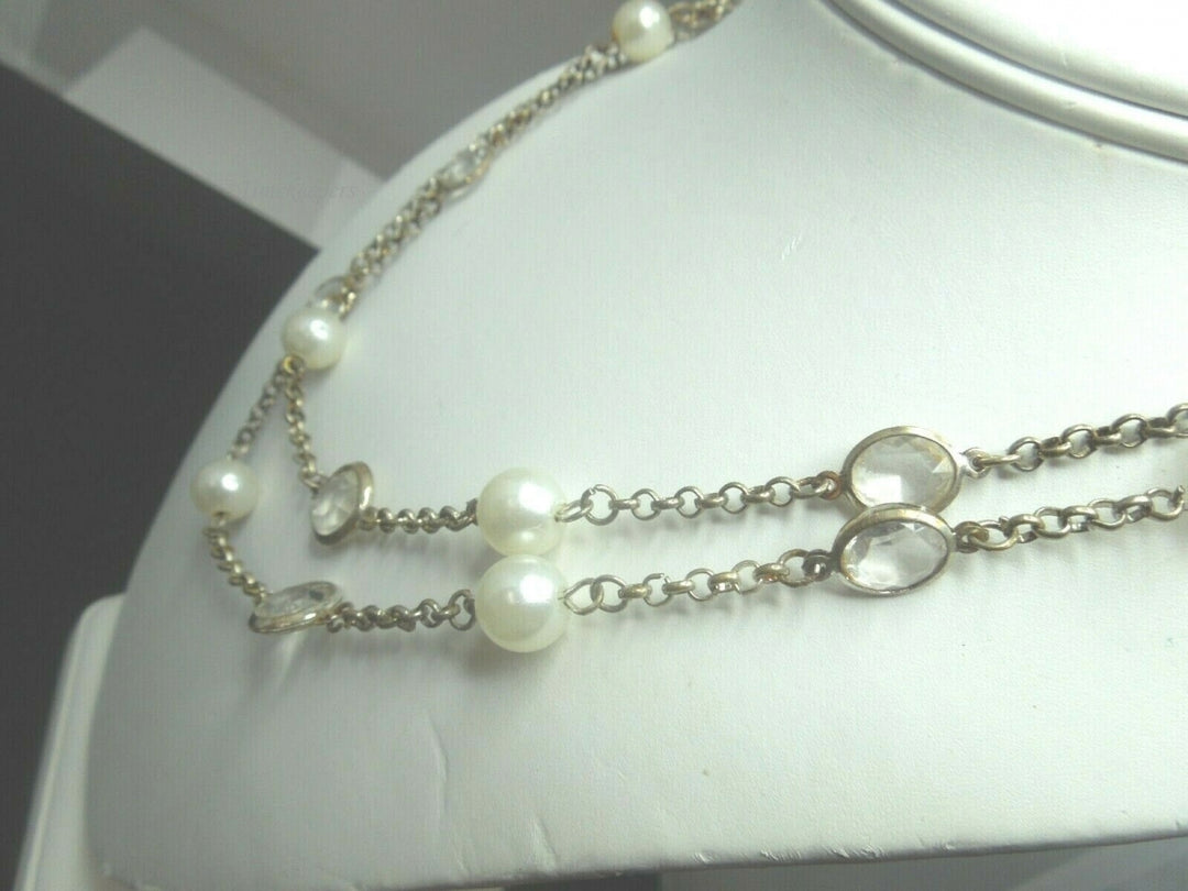 q485 Beautiful Silver Tone Pearl and Clear Stone Link Chain Necklace