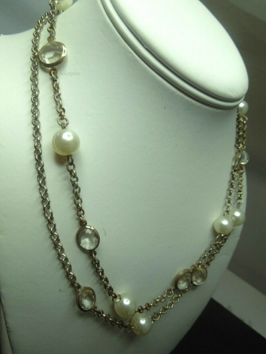 q485 Beautiful Silver Tone Pearl and Clear Stone Link Chain Necklace