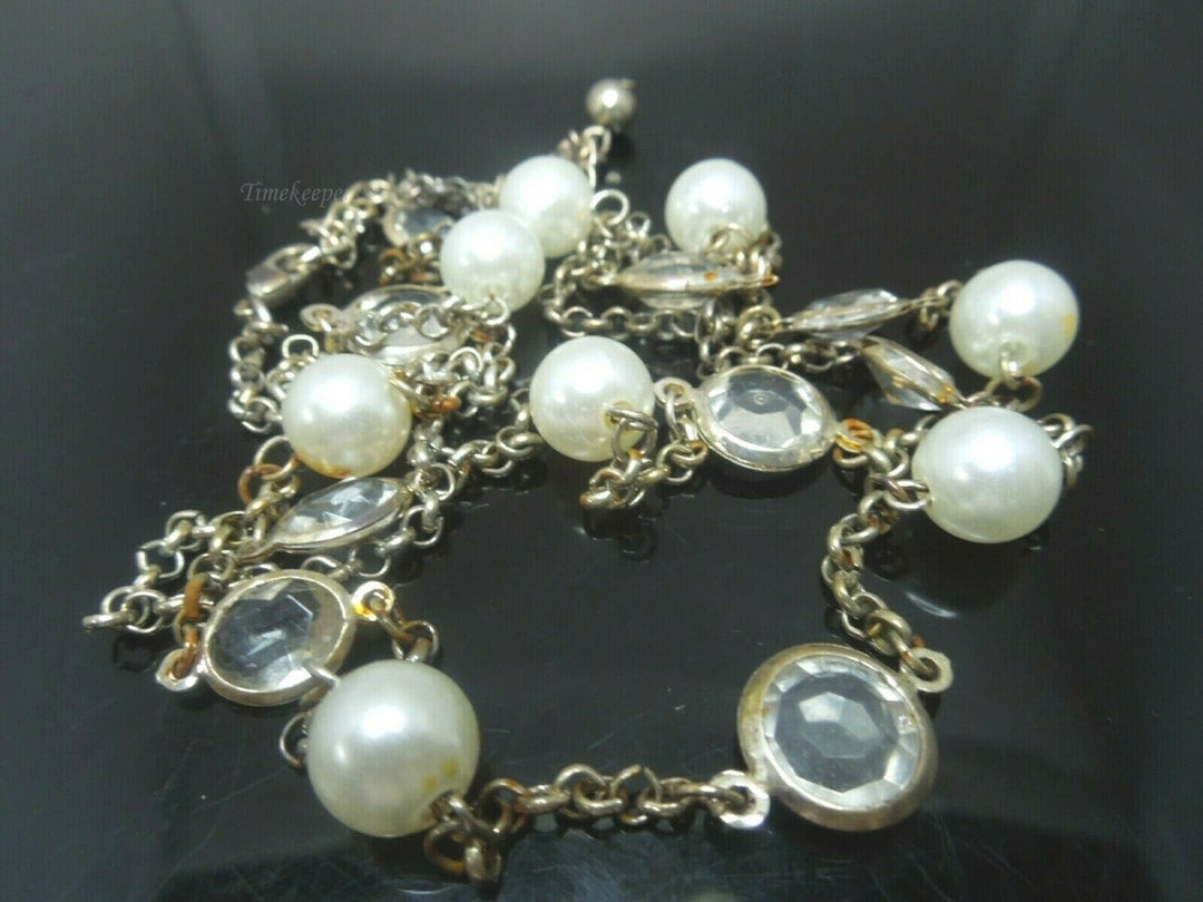 q485 Beautiful Silver Tone Pearl and Clear Stone Link Chain Necklace