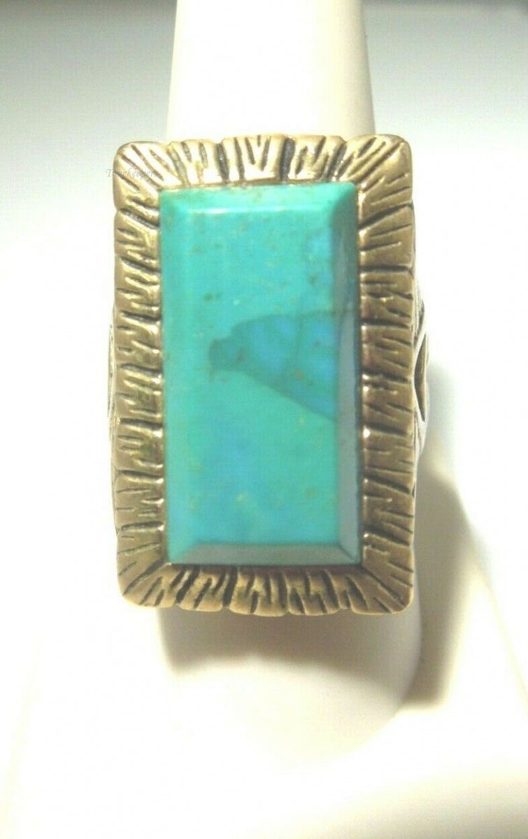 q437 Designer Studio Barse Bronze Turquoise Rectangle Textured Ring Size 8.75