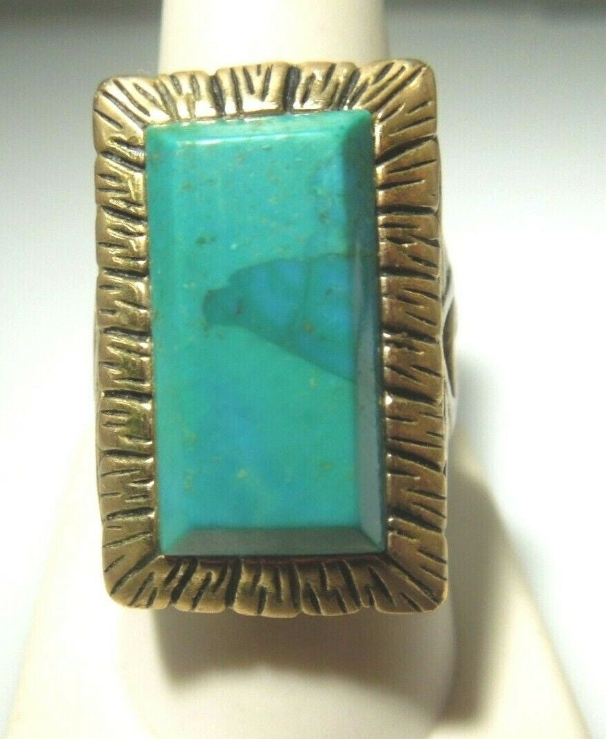 q437 Designer Studio Barse Bronze Turquoise Rectangle Textured Ring Size 8.75