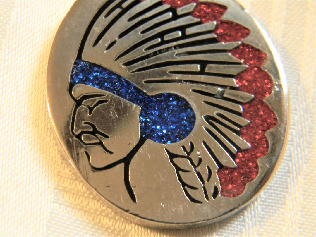 h636 Vintage American Indian Chief on Oval Silver Tone Pendant with Epoxy Insets