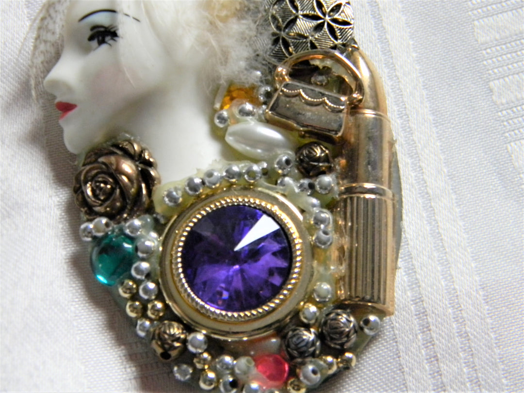 h650 Unique Collage Brooch with a Lady with Feather Hair Signed