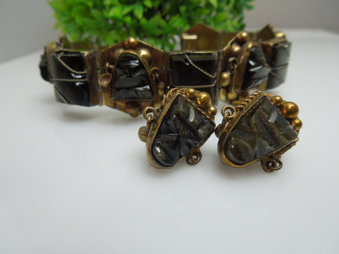 q243 Vintage Sterling Silver Wide Black Onyx Bracelet 7" and matching Earrings