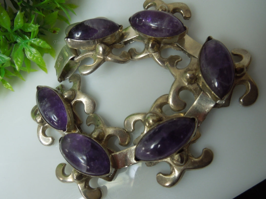 q245 Vintage Sterling Silver Purple Bracelet Made In Mexico 6.75"