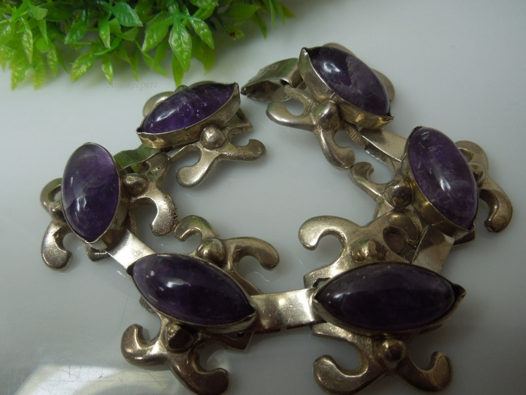 q245 Vintage Sterling Silver Purple Bracelet Made In Mexico 6.75"