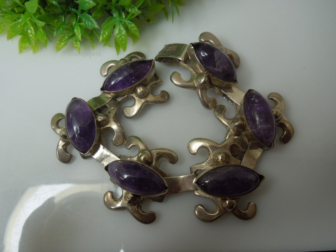 q245 Vintage Sterling Silver Purple Bracelet Made In Mexico 6.75"