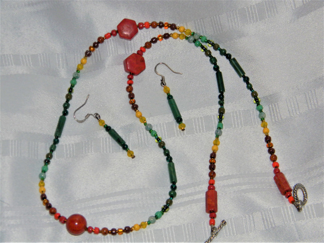 j557 Beautiful Handmade Beaded Necklace and Earring Set in Green Orange Yellow