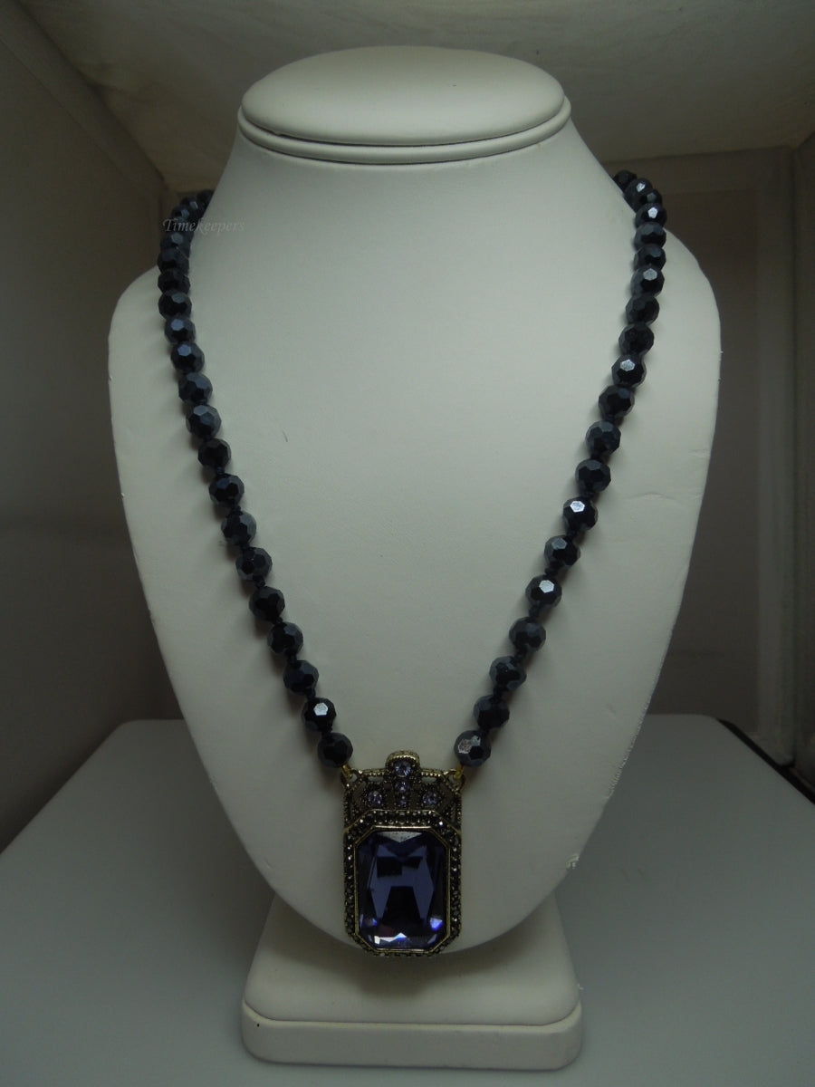 q252 Heidi Daus Amethyst Pendant on Black beads Necklace 18"