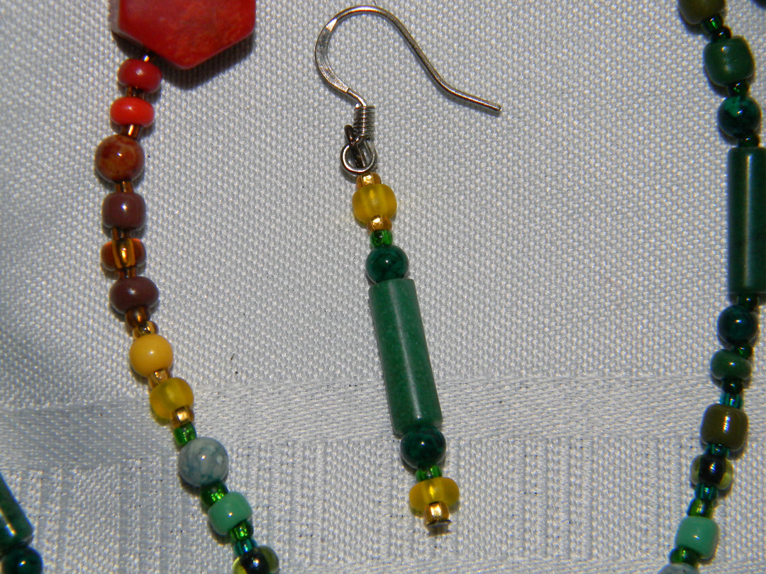 j557 Beautiful Handmade Beaded Necklace and Earring Set in Green Orange Yellow