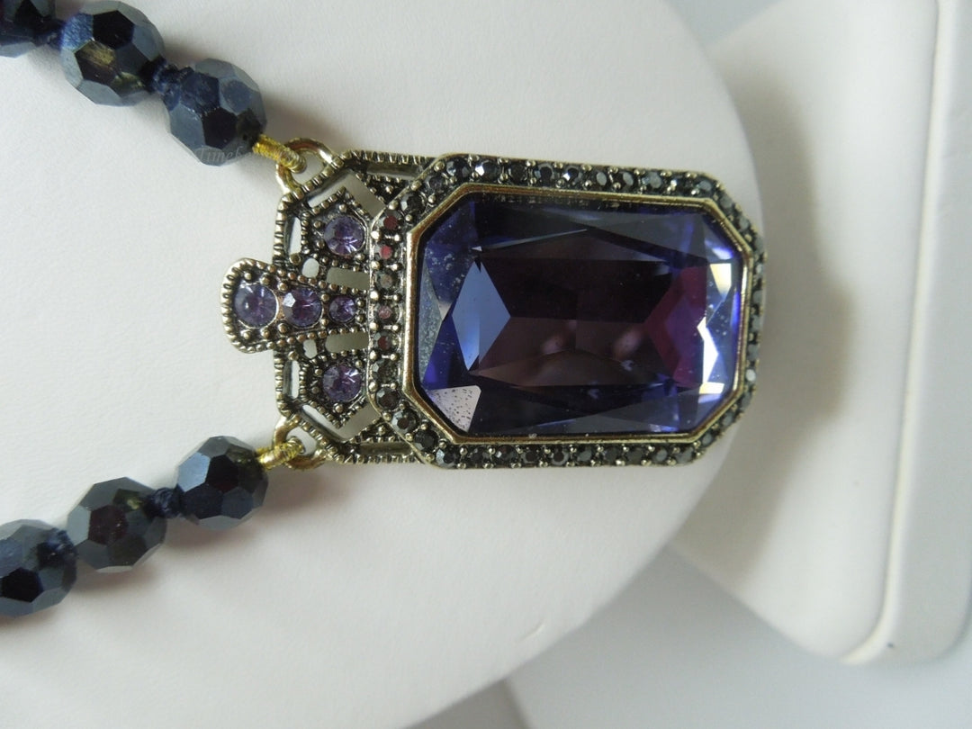 q252 Heidi Daus Amethyst Pendant on Black beads Necklace 18"