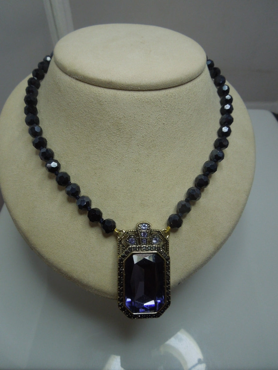 q252 Heidi Daus Amethyst Pendant on Black beads Necklace 18"