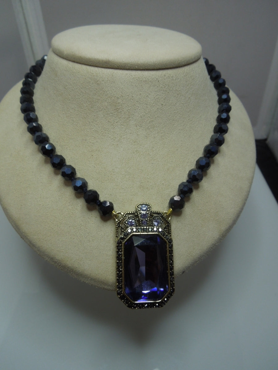 q252 Heidi Daus Amethyst Pendant on Black beads Necklace 18"