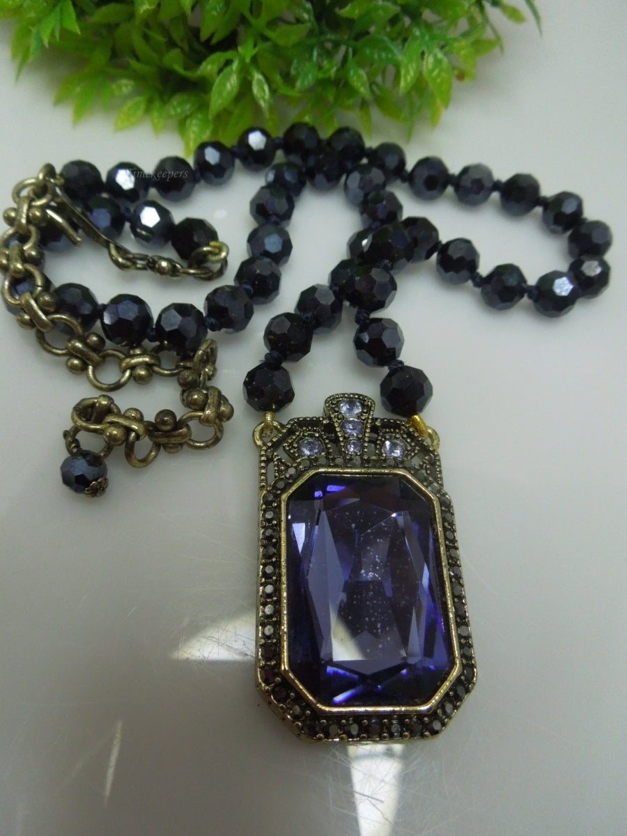 q252 Heidi Daus Amethyst Pendant on Black beads Necklace 18"