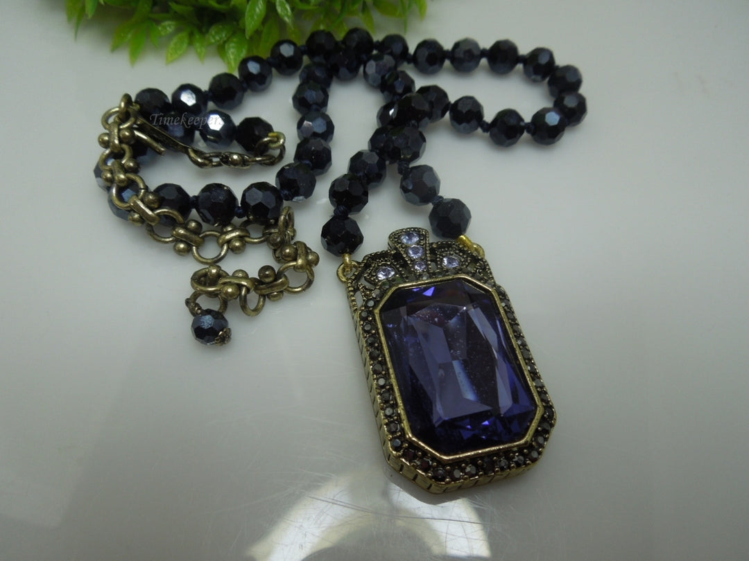 q252 Heidi Daus Amethyst Pendant on Black beads Necklace 18"