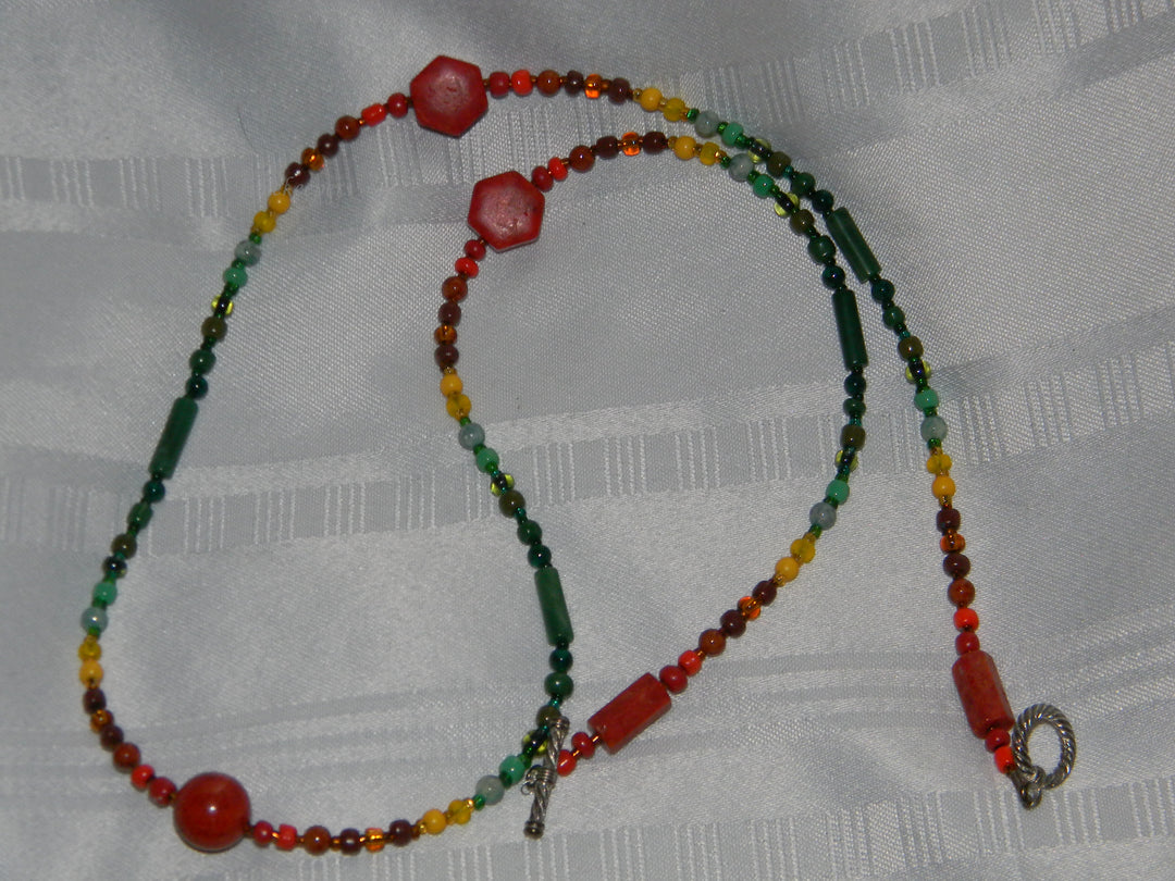 j557 Beautiful Handmade Beaded Necklace and Earring Set in Green Orange Yellow