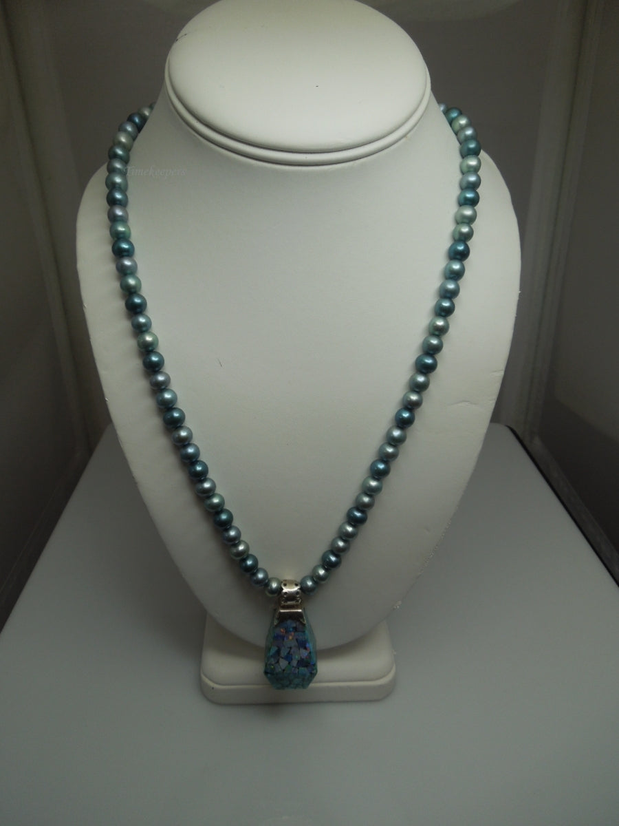 q259 Vintage Blue Dyed Pearls and Sterling Silver Turquoise & Mosaic Opal Reversible Pendant