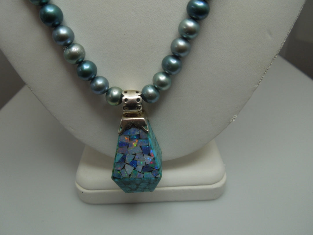 q259 Vintage Blue Dyed Pearls and Sterling Silver Turquoise & Mosaic Opal Reversible Pendant