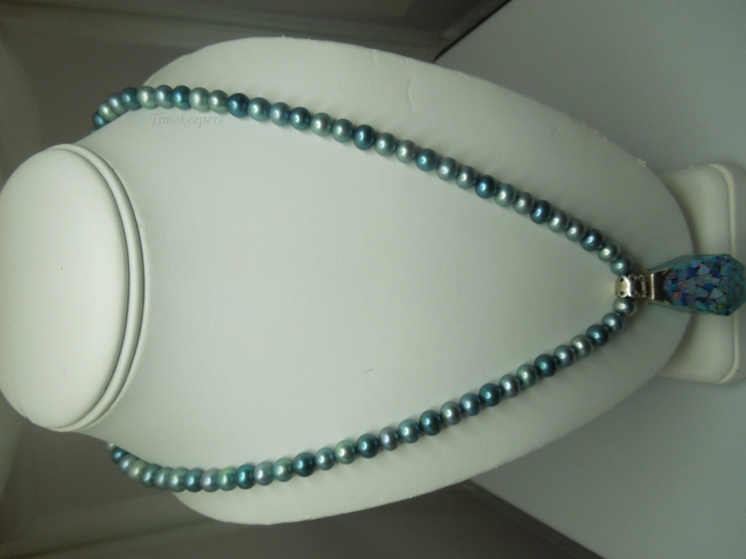 q259 Vintage Blue Dyed Pearls and Sterling Silver Turquoise & Mosaic Opal Reversible Pendant