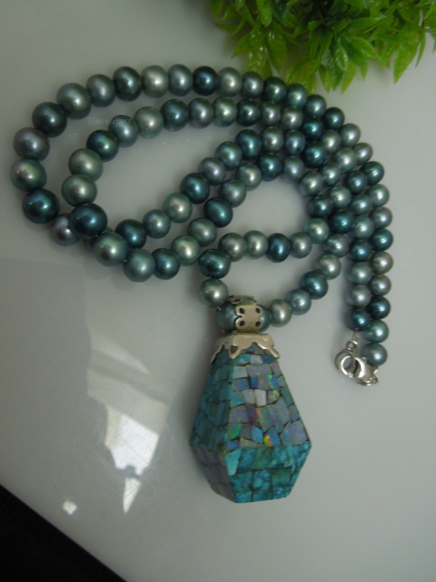 q259 Vintage Blue Dyed Pearls and Sterling Silver Turquoise & Mosaic Opal Reversible Pendant