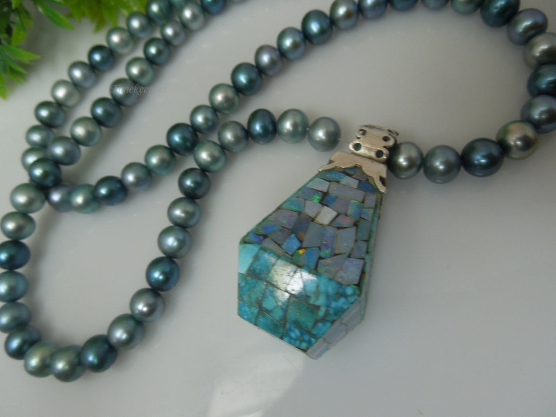 q259 Vintage Blue Dyed Pearls and Sterling Silver Turquoise & Mosaic Opal Reversible Pendant